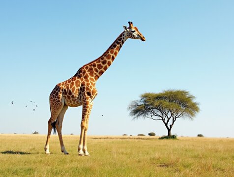 A giraffe stands tall in a golden savanna, its spotted coat a striking contrast against the vibrant green grass.