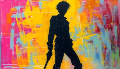 Abstract Painting with Silhouette of a Person in Yellow and Pink Colors