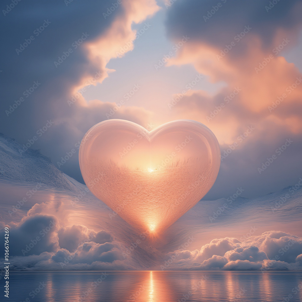 Poster a large translucent heart shape glowing softly in a serene landscape surrounded by gentle clouds and