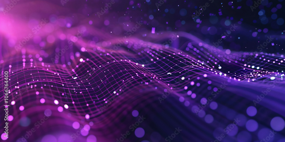 Poster an abstract illustration displaying wavy lines composed of numerous dots in shades of purple, pink, 