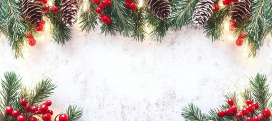 Christmas Frame, Pine Branches with Pine Cones and Red Berries Decoration on White Wood