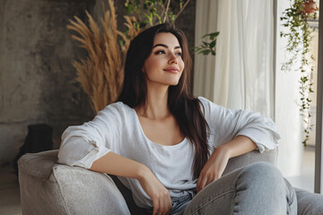portrait of happy woman sitting on armchair at home
