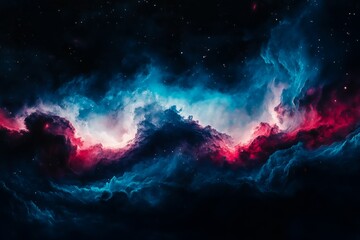 A stunning cosmic scene featuring vibrant clouds of blue and pink hues, set against a dark starry background, evoking the mystery and beauty of the universe