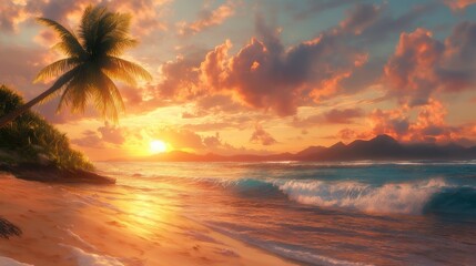 A serene beach at sunset with vibrant colors, gentle waves, and a palm tree silhouetted against a picturesque sky