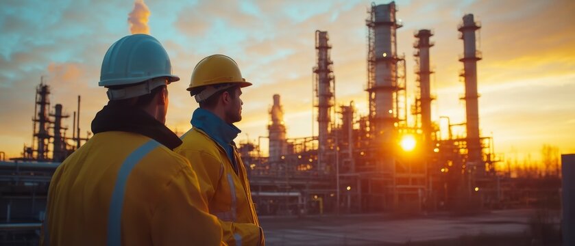 Two workers in safety gear observe an industrial facility at sunset, highlighting the energy sector's infrastructure under a vibrant sky