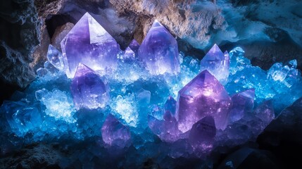 A stunning display of large, shimmering crystals in shades of purple and blue, surrounded by smaller crystalline formations, creating an enchanting underground scene