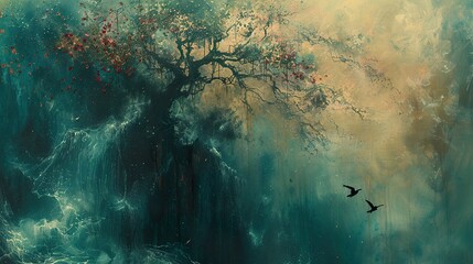 Obraz premium Enchanted Forest: A Dreamy Landscape with Birds in Flight