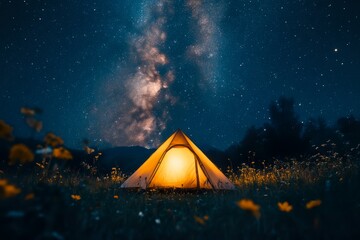 A cozy tent glowing under a starry night sky, surrounded by wildflowers and the Milky Way, creating a serene and magical outdoor camping atmosphere