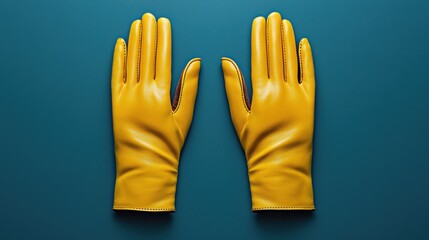 A pair of yellow gloves laid flat against a blue background, showcasing their sleek design and vibrant color.