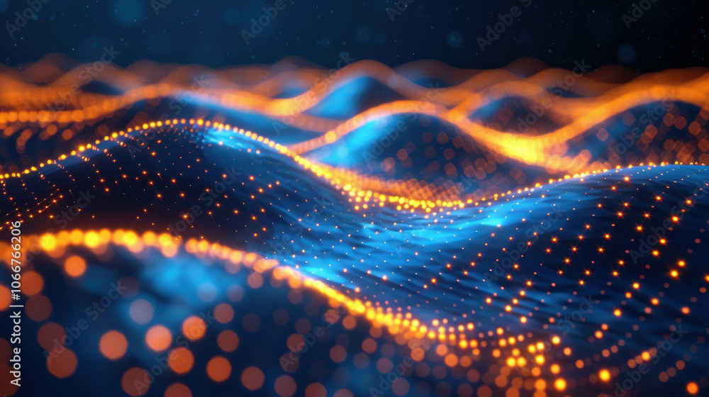 Poster a series of orange and blue dots that form a wave. the wave is made up of many dots, and the colors 