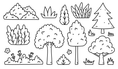 A set of different trees and bushes isolated on a white background. Vector hand-drawn illustration in doodle style. Perfect for decorations, logo, various designs.