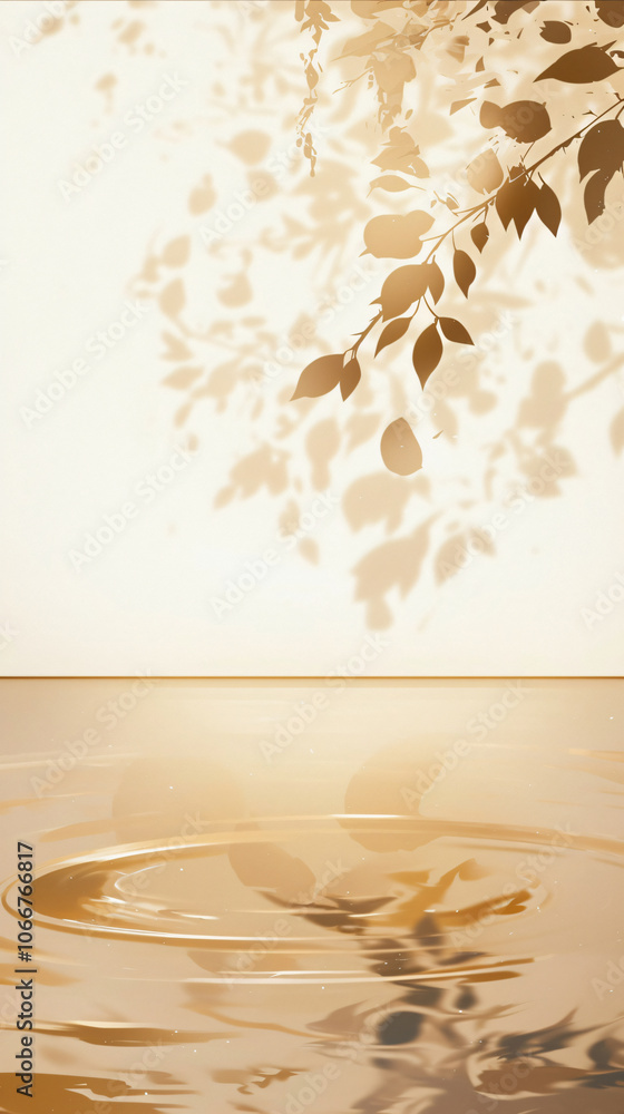 Poster an elegant abstract design featuring soft golden leaves casting shadows on a tranquil water surface,