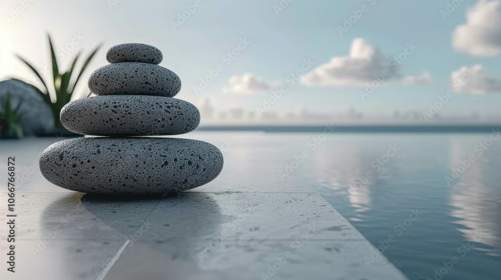 Poster a stack of rocks is placed on a ledge next to a body of water. concept of tranquility and peace, as 
