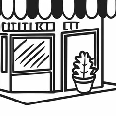Simple Line Art Illustrations of Different Shop Facades: Bakery, Coffee Shop, Bookstore, and Fur Shop