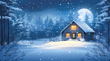 Fototapeta premium A cozy cabin in the woods at night with snow falling.