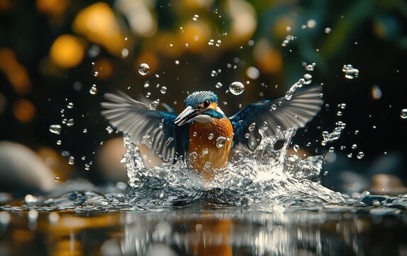 Kingfisher Diving for Fish in Clear Water
