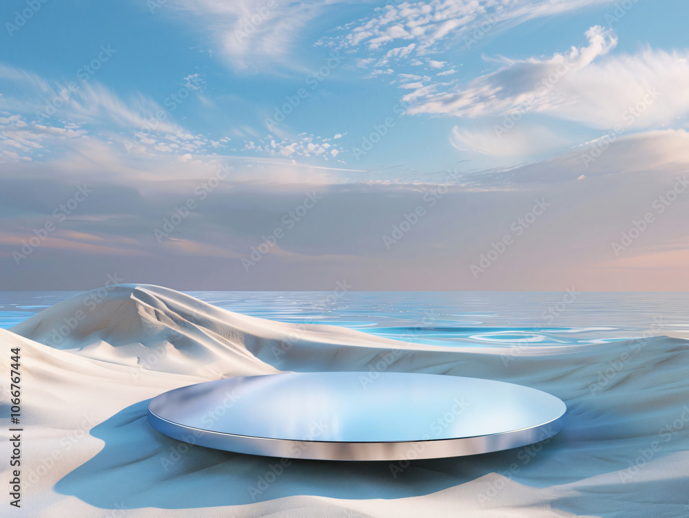Poster a serene seascape featuring a smooth reflective platform on a sandy beach, with gentle waves and sof