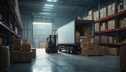 Busy Warehouse Scene with Cargo Truck and Forklift Unloading Boxes