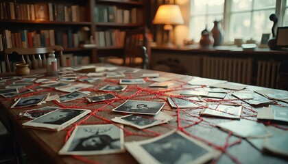 Cluttered Tabletop with Black-and-White Photos and Red String Connections