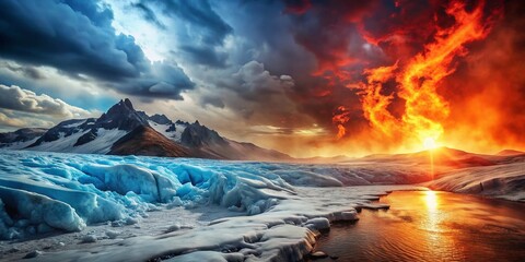 Naklejka premium Vintage Style Photography of a Fiery Landscape Meeting an Icy Terrain, Capturing the Raw Beauty of Nature's Elements in a Dramatic Contrast of Fire and Ice