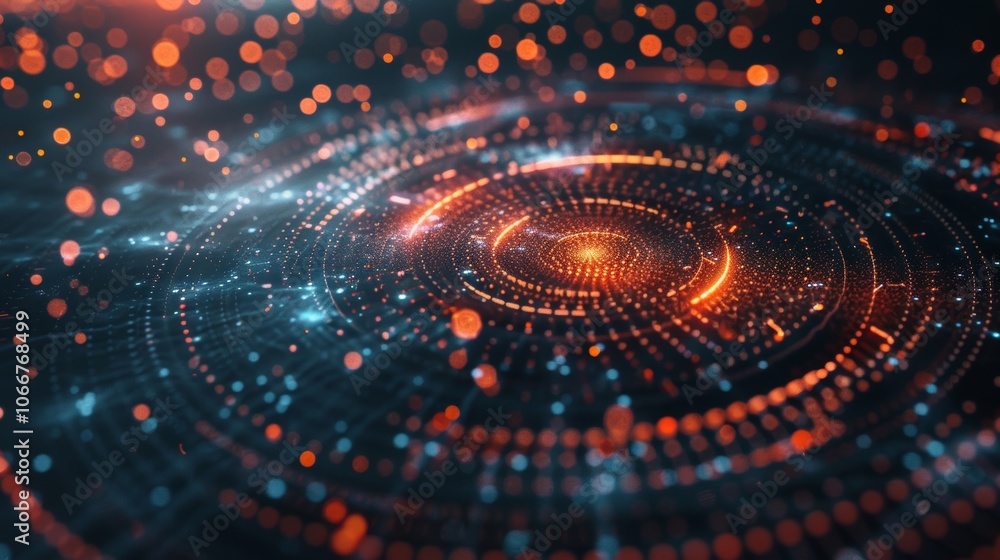 Poster glowing particles swirling in a vortex, creating a futuristic technological data stream with a sense