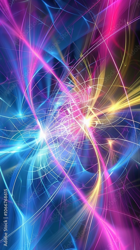 Poster dynamic light trails swirl in vibrant neon colors, creating an energetic abstract design against a d