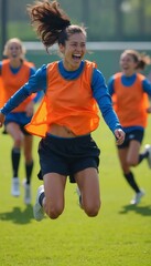 Obraz premium Joyful Young Woman Leaping in Air Surrounded by Cheerful Friends.