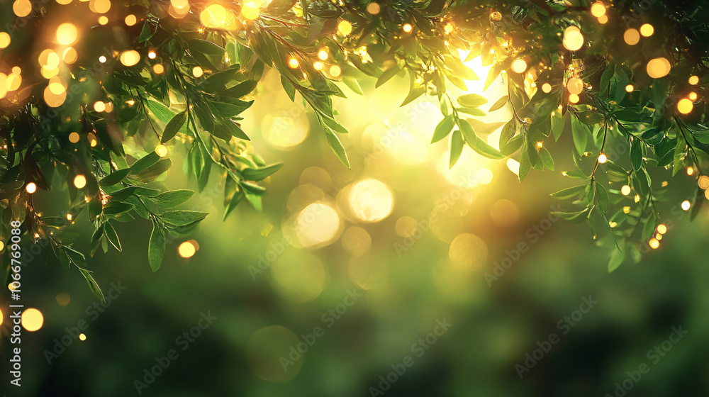 Poster a close-up view of green leaves illuminated by soft bokeh lights, creating a magical and enchanting 