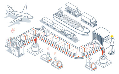 Global logistics network coordinates transportation, supply chain management (SCM), and operations across companies worldwide to deliver efficient logistics services. Vector illustration EPS 10