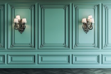 Luxurious interior with aqua walls, ornate panels, and stylish lighting, rendered in 3D.