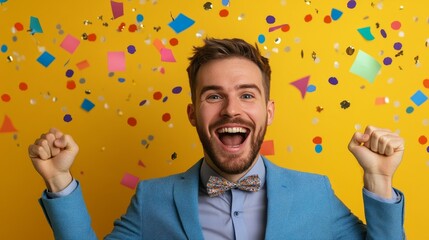 A well dressed man with ands up celebrating