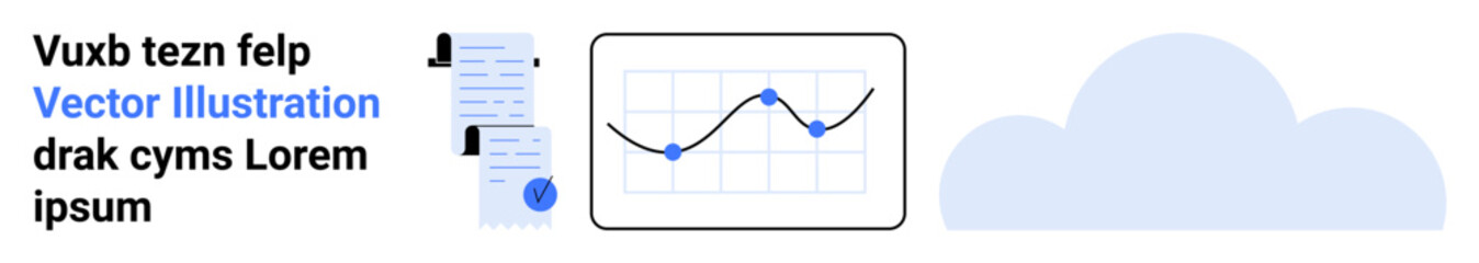 Graph with fluctuating line data, documents with texts and icons, and a blue cloud. Ideal for business analytics, data visualization, document management, cloud storage solutions, corporate