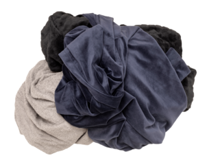 Pile of various crumpled clothes, soft fabrics in dark colors like navy, gray, and black, on transparent background. Top view. Ideal for themes of fashion, laundry, or textiles. Cut out clothing.