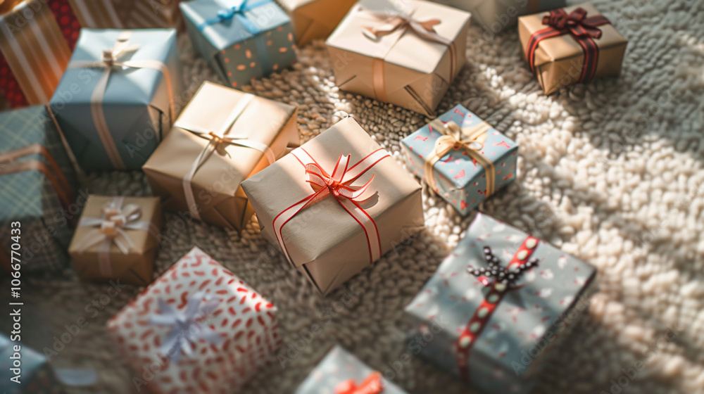 Poster a collection of beautifully wrapped gift boxes in various sizes and colors, adorned with ribbons and