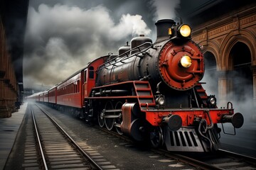 Classic steam locomotive in motion at a historic railway station on a cloudy day