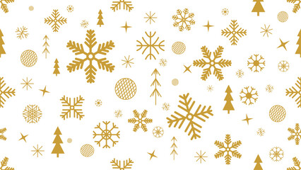 seamless pattern golden snowflakes and christmas trees with festive geometric elements with stars and bauble