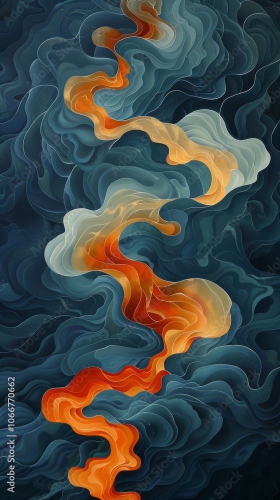 Poster flowing patterns of rose-gold and teal-blue create a mesmerizing abstract design evoking a sense of 