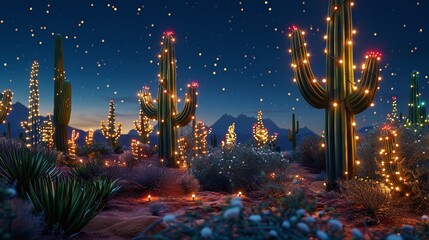 Saguaro Cactus with Christmas Lights in a Colorful Desert