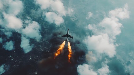 Obraz premium Aerial view of military aircraft releasing bombs on distant target, smoke and fire erupting from ground, intense action amidst cloudy sky