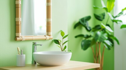 Fototapeta premium A modern bathroom with a green accent wall, bamboo mirror, white sink, and indoor plant, creating a fresh and natural ambiance.