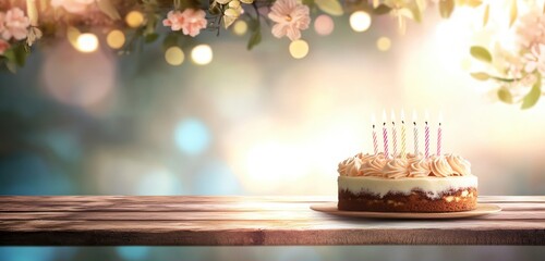 Birthday celebration concept with a cake topped with candles, sitting on a wooden table against a softly blurred backdrop. 