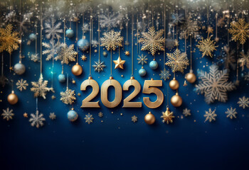 Golden 2025 on a blue background with snowflakes, ornaments and stars hanging from above.