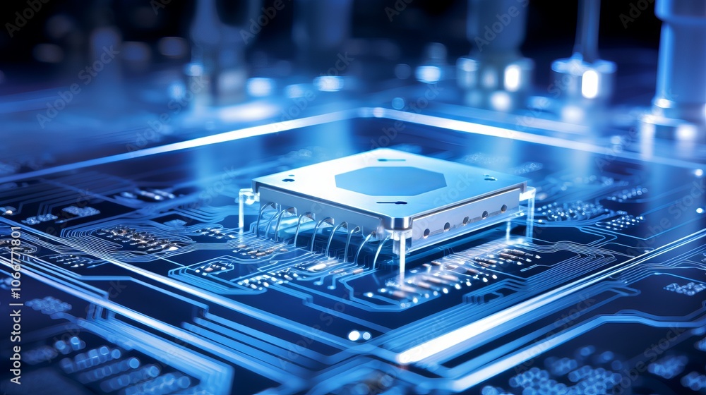 Aufkleber close-up of a microchip on a circuit board illuminated by blue light in a technology lab