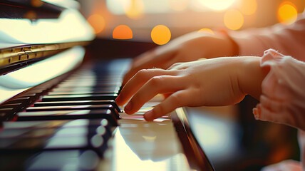 Piano close-up musician, melody background blur