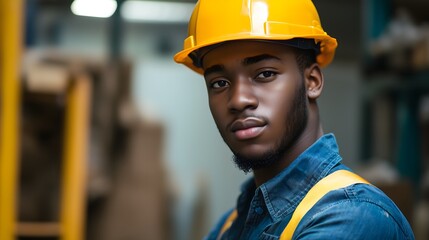 Confident African American male construction worker wearing yellow hard hat and blue coveralls in industrial warehouse setting, copy space - Powered by Adobe