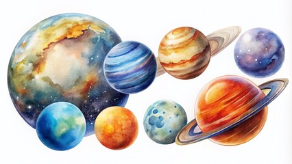 Watercolor Planets of the Solar System in Universe, Isolated on White Background, Stunning Long Exposure Effect, Celestial Art, Cosmic Beauty, Vibrant Colors, Educational Illustration