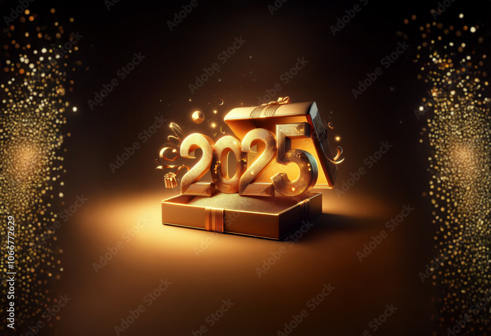 Poster an open gift box with golden 2025 numbers exploding from it, surrounded by sparkling golden lights.