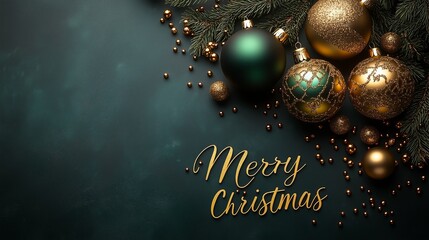 Elegant Christmas decorations featuring gold and green ornaments on a dark textured background celebrating the festive spirit of the holiday season