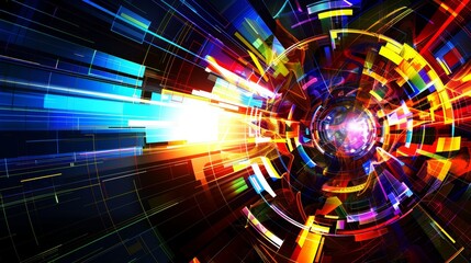 Obraz premium Dynamic abstract background featuring overlapping geometric shapes in vibrant colors with depth-enhancing lines and patterns