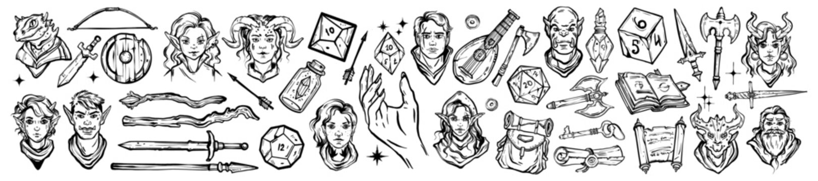 Fantasy game doodle set, vector dungeon dragon RPG character avatar face, warrior weapon, hero dice. Fairy tale legend items, elf woman face, dwarf, sword, spell book, axe. Fantasy game icon design